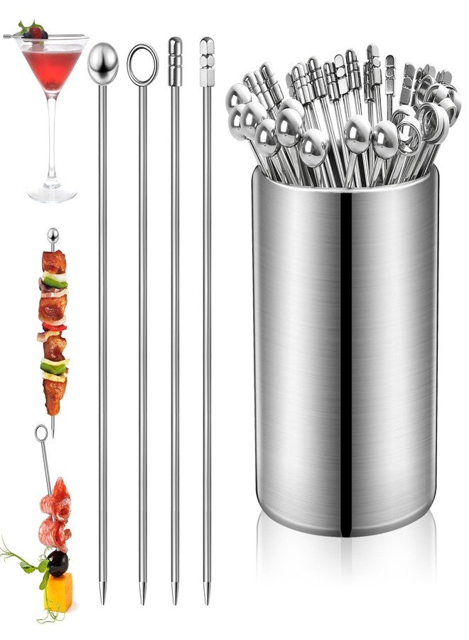 Lainballow 40 Pcs Metal Cocktail Picks, 4.3" Cocktail Picks Sticks with Storage Holder Kit, Reusable Martini Picks, Cocktail Garnish Skewers for Olives, Fruits, Bloody Mary, Appetizer, Sandwiches - Image 1